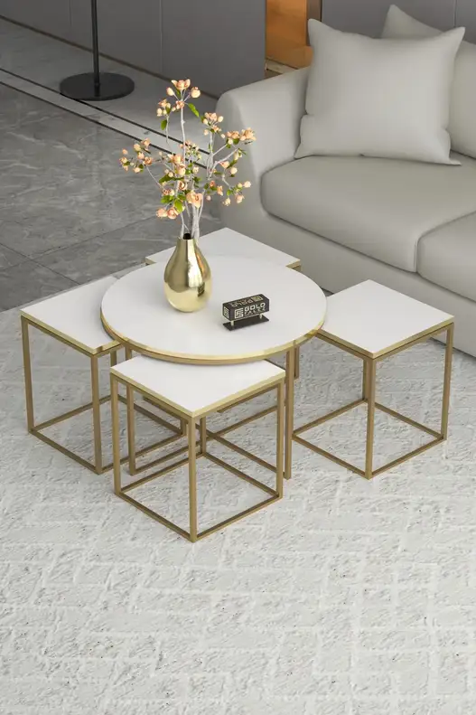 Oval Lux 5 Piece Center and Zigon Coffee Table Set Gold White