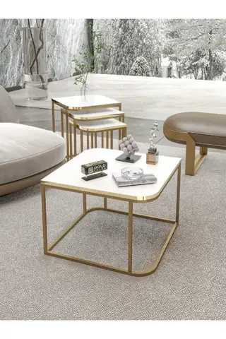 Damla Center and Zigon Coffee Table Set Gold White