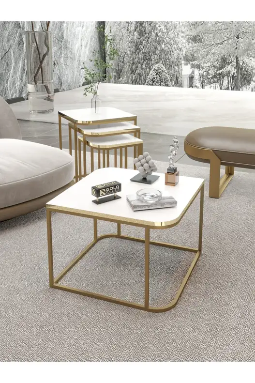 Damla Center and Zigon Coffee Table Set Gold White