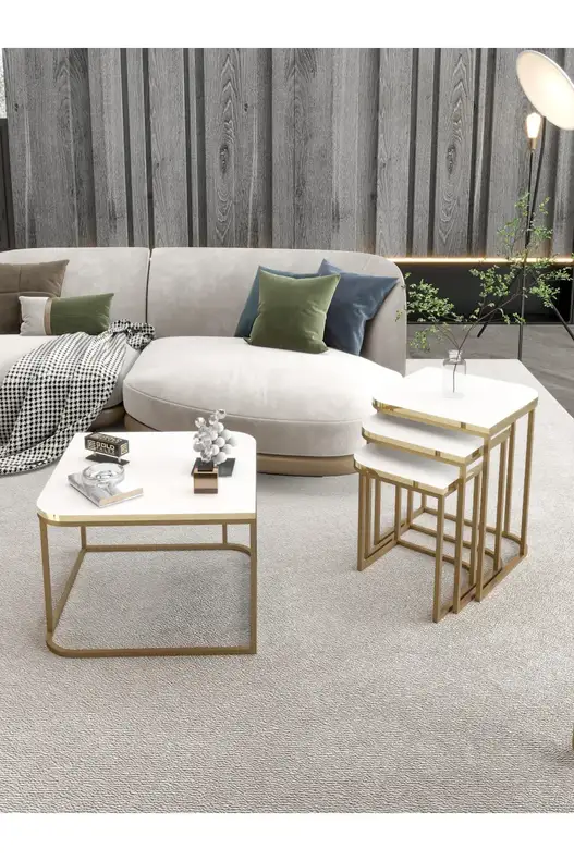 Damla Center and Zigon Coffee Table Set Gold White