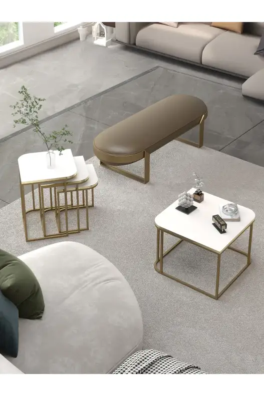 Damla Center and Zigon Coffee Table Set Gold White