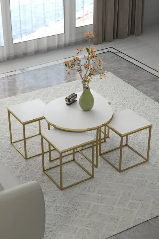 Oval Lux 5 Piece Center and Zigon Coffee Table Set Gold White