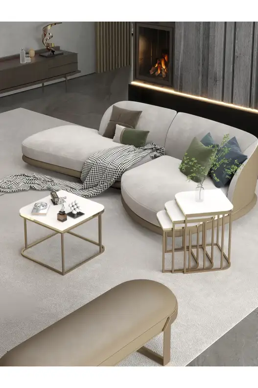 Damla Center and Zigon Coffee Table Set Gold White